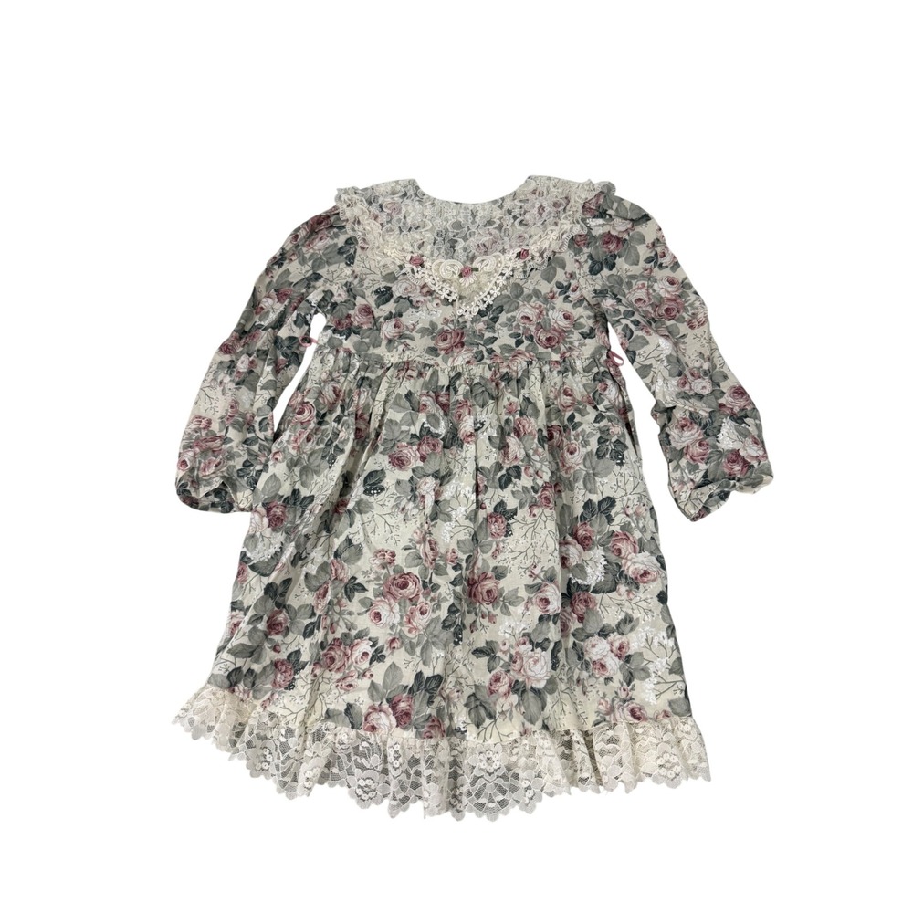 Youngland Vintage Kids Floral Lace Collar Dress Pink Green Prairie boho Size 6